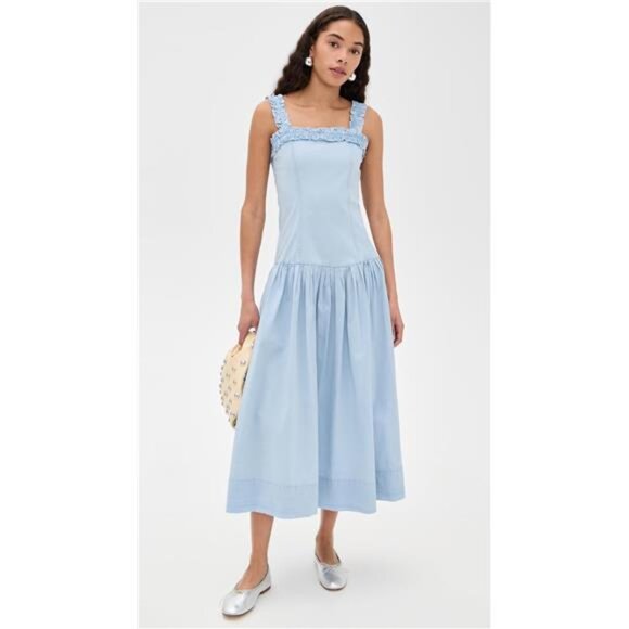 Ganni Washed Stretch Cotton Strap Corset Long Dress Soft Chambray Coquette Coast - Picture 2 of 6